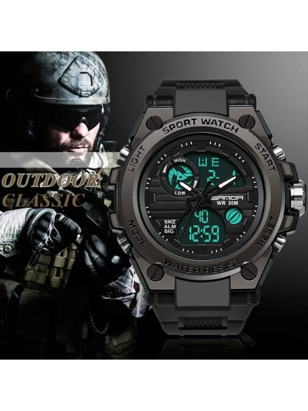 Men's Black Analog Quartz Sport Outdoor Waterproof Military LED Digital Watch